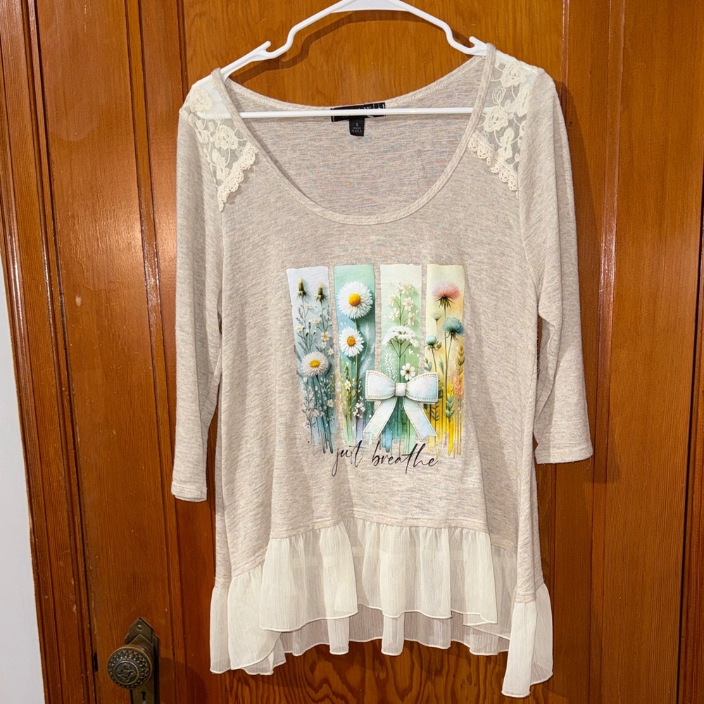 Living Doll Beige Floral Graphic Long Sleeve Top